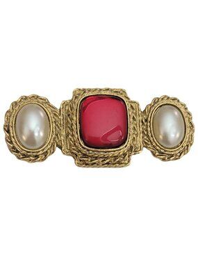 1928 Gold Tone Red Lucite Faux Pearl Bar Brooch Pin, M373